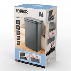Tower 50L Grey Rectangular Sensor Bin