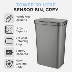 Tower 50L Grey Rectangular Sensor Bin