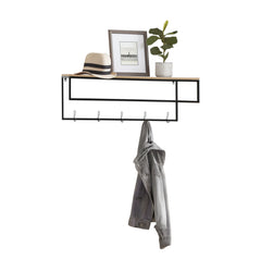 Pine and Metal Wall Shelf with Hooks