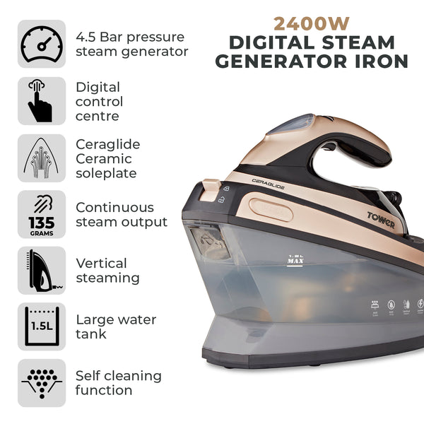 Tower Champagne Gold and Black 1.5L Ceraglide Steam Iron