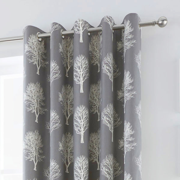 Fusion Woodland Trees 100% Cotton Eyelet Curtains Charcoal