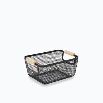 Black Metal and Wood Bathroom Storage Basket